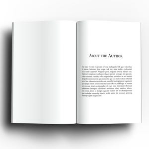 May include: An open book with white pages, displaying the text "ABOUT THE AUTHOR" at the top of the right page. Below the title is a block of text in a serif font. The book is set against a white background.