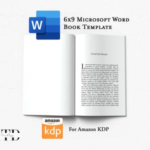 May include: An open book template with the text "6x9 Microsoft Word Book Template" and the Microsoft Word logo. The book is open to a page with sample text. The Amazon KDP logo is also visible.