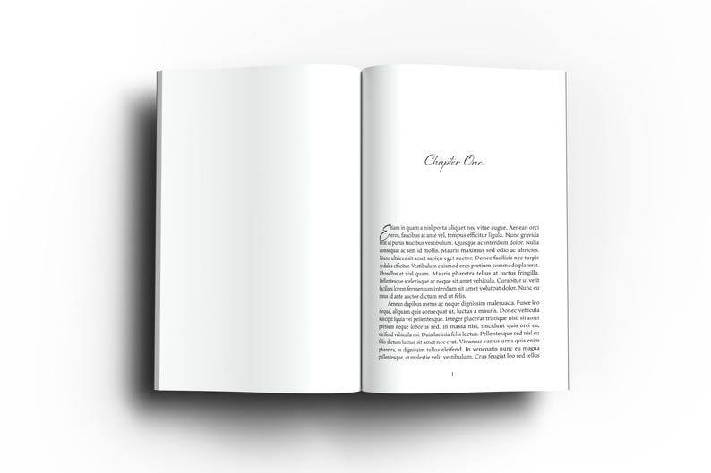 May include: An open book with white pages, displaying the text "Chapter One" in cursive. The right page contains body text in a serif font. The book is set against a white background, with a shadow.