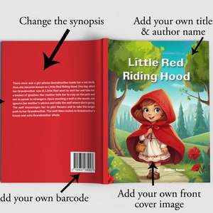Puede incluir: Una maqueta de portada de libro con fondo rojo y un c&oacute;digo de barras. La portada delantera presenta una ilustraci&oacute;n de una ni&ntilde;a con una capa roja con capucha caminando por un bosque. El t&iacute;tulo "Little Red Riding Hood" se muestra sobre la ilustraci&oacute;n. El texto "Author Name" est&aacute; en la parte inferior de la portada.