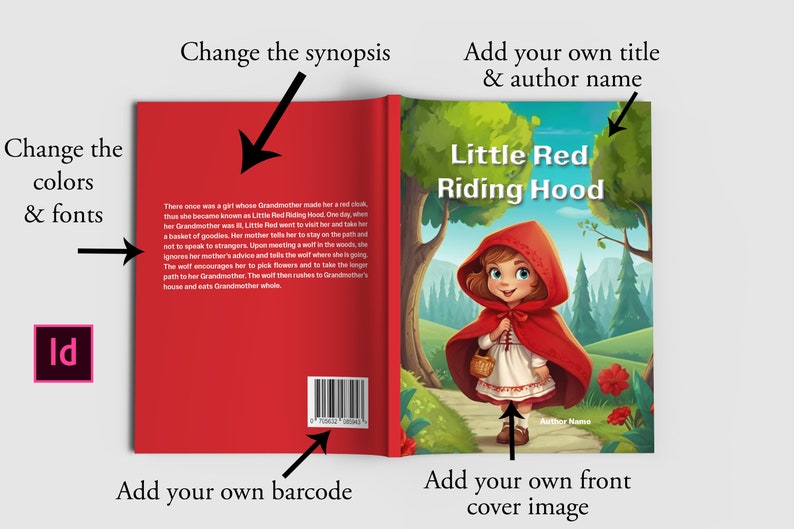 Puede incluir: Una maqueta de portada de libro con fondo rojo y un c&oacute;digo de barras. La portada delantera presenta una ilustraci&oacute;n de una ni&ntilde;a con una capa roja con capucha caminando por un bosque. El t&iacute;tulo "Little Red Riding Hood" se muestra sobre la ilustraci&oacute;n. El texto "Author Name" est&aacute; en la parte inferior de la portada.