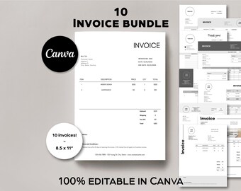 Canva Invoice Templates: 10 Minimalist Business Invoices (US Letter, Digital Download)
