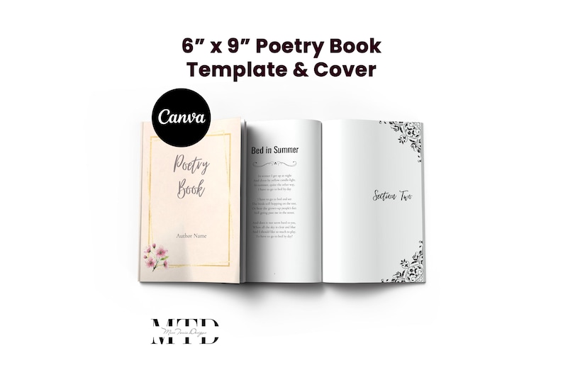 Puede incluir: Una plantilla y portada de libro de poes&iacute;a de 15,24 cm x 22,86 cm, con el texto "Poetry Book" en la portada. La portada tiene un dise&ntilde;o floral y un borde dorado. El libro abierto muestra poes&iacute;a y las palabras "Bed in Summer" y "Section Two".