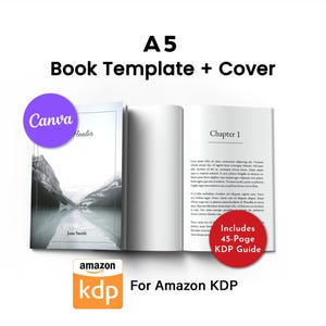 Può includere: Un modello di libro A5 e un design di copertina, con il testo "Book Template + Cover". La copertina del libro presenta un'immagine di paesaggio. Include una guida KDP di 45 pagine. Il logo Canva è visibile, insieme al logo Amazon KDP.