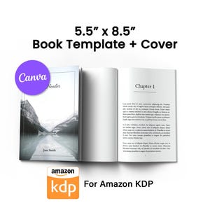 May include: A book template with a cover design, open to reveal interior pages. The cover features a landscape image and the text "Healer" and "Jane Smith". The book dimensions are 14 x 21.6 cm. Includes "Canva" and "For Amazon KDP" logos.
