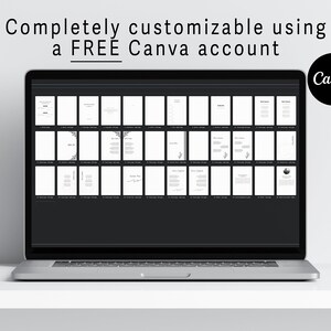 Puede incluir: Una computadora port&aacute;til muestra una serie de plantillas personalizables. La pantalla muestra una cuadr&iacute;cula de p&aacute;ginas blancas con varios dise&ntilde;os. El texto en la parte superior dice: "Completamente personalizable usando una cuenta Canva GRATUITA". Un c&iacute;rculo negro con el logo de Canva est&aacute; en la esquina superior derecha.