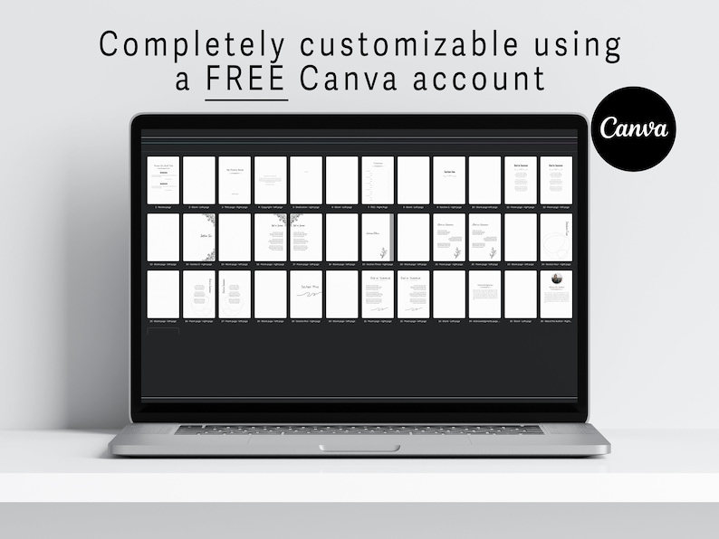 Puede incluir: Una computadora port&aacute;til muestra una serie de plantillas personalizables. La pantalla muestra una cuadr&iacute;cula de p&aacute;ginas blancas con varios dise&ntilde;os. El texto en la parte superior dice: "Completamente personalizable usando una cuenta Canva GRATUITA". Un c&iacute;rculo negro con el logo de Canva est&aacute; en la esquina superior derecha.