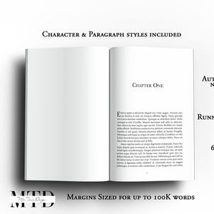 May include: An open book with text on the right page, titled "Chapter One." The book includes "Character & Paragraph Styles," "Automatic Page Numbering," and a "6 x 9" trim." The margins are sized for up to 100K words.