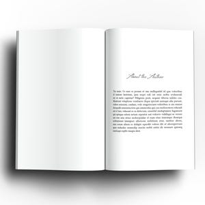 May include: Open book with blank white pages, featuring the text "About the Author" in elegant script. The right page contains body text. The book is open on a white surface, with a shadow.
