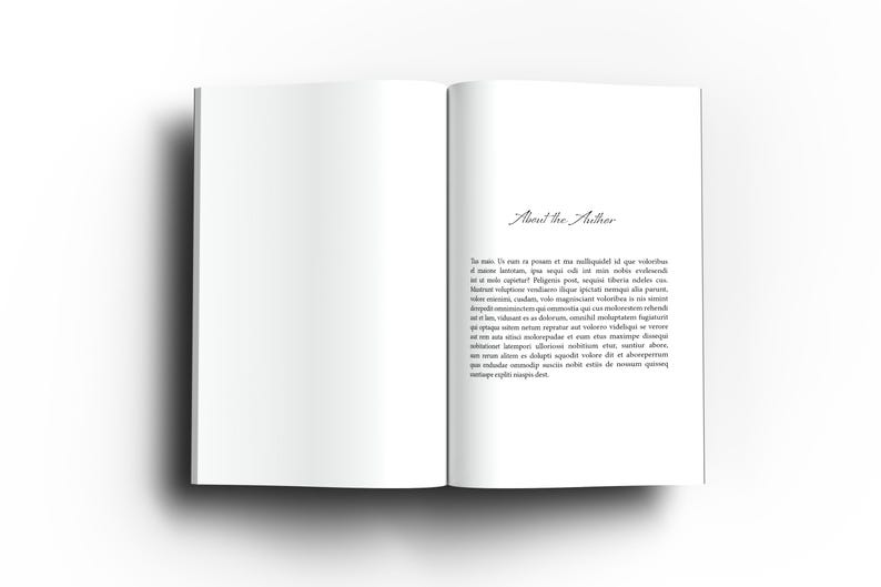 May include: Open book with blank white pages, featuring the text "About the Author" in elegant script. The right page contains body text. The book is open on a white surface, with a shadow.