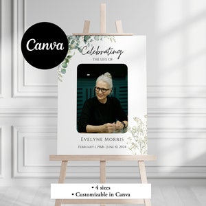 Pu&ograve; includere: Un cartello commemorativo bianco con un bordo floreale verde e una foto di una donna. Il cartello recita "Celebrating the Life of Evelyne Morris February 1, 1968 - June 10, 2024".