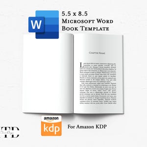 May include: Open book template with the text "CHAPTER NAME" and body text. The book is 5.5 x 8.5 inches. Includes the Microsoft Word logo and Amazon KDP logo. The template is for Amazon KDP.