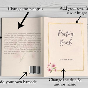 Puede incluir: Maqueta de libro abierto con portada y p&aacute;ginas color crema. La portada presenta el t&iacute;tulo "Poetry Book" en una fuente de escritura dentro de un marco dorado, con detalles florales. La p&aacute;gina izquierda tiene texto y un c&oacute;digo de barras.