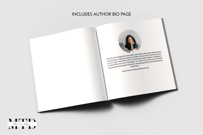 Puede incluir: Maqueta de libro abierto con fondo blanco. La p&aacute;gina derecha presenta una foto de una mujer con un texto sobre la autora. El texto incluye el nombre de la autora, una descripci&oacute;n de su trabajo y una direcci&oacute;n de sitio web. El texto dice: "Conoce a Nina, la imaginativa narradora que teje historias que llevan a los j&oacute;venes lectores a aventuras m&aacute;gicas. Con un coraz&oacute;n lleno de maravillas y una pasi&oacute;n por las manualidades creativas, Nina crea mundos encantadores donde todo es posible. Cuando no est&aacute; perdida en las p&aacute;ginas de una nueva historia, Nina a menudo se encuentra explorando la naturaleza o so&ntilde;ando con su pr&oacute;xima aventura fant&aacute;stica. M&aacute;s informaci&oacute;n en www.authoral.com"
