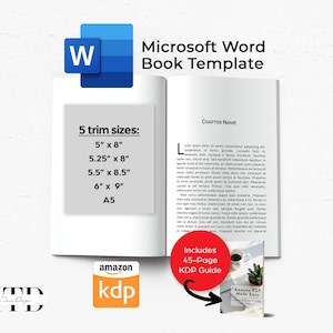 May include: A Microsoft Word book template with the Word logo and text "Microsoft Word Book Template." The image shows a book with text and a list of 5 trim sizes: 12.7cm x 20.3cm, 13.3cm x 20.3cm, 14cm x 21.6cm, 15.2cm x 22.9cm, and A5.