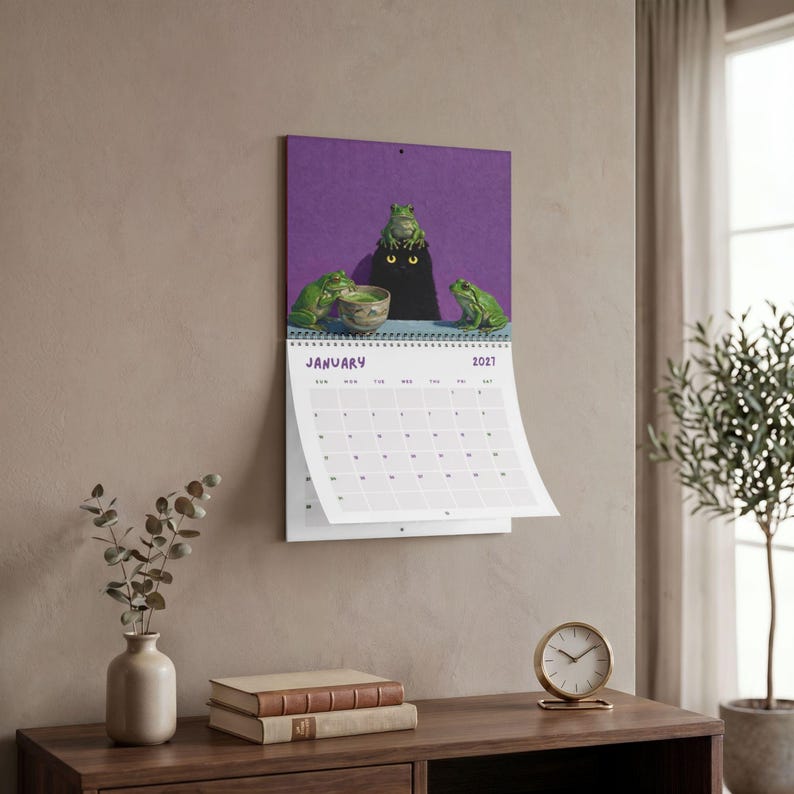 Frog and Cat with Tea Calendar 2026 2027 Cat Wall Calendar Planner, Frog Mushroom Calendar, Cottagecore Wall Calendar 2026-2027 Cat Calendar image 9