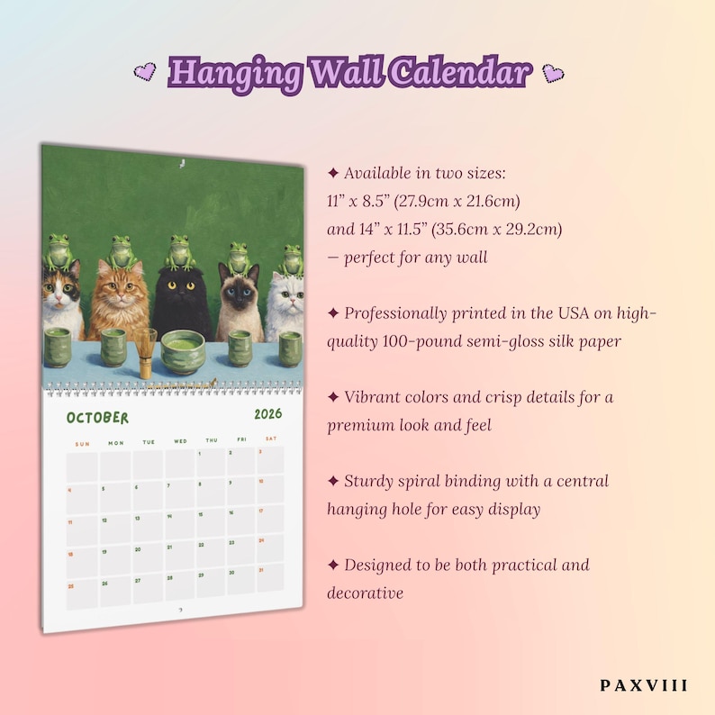 May include: A hanging wall calendar titled Hanging Wall Calendar featuring an illustration of five cats with frogs on their heads sitting at a table with green tea bowls. It includes a 2026 October grid, available in 11 by 8.5 inches or 14 by 11.5 inches.