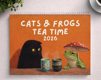 Calendario de rana y gato con té, calendario de pared de gatos 2026, calendario de rana y hongo, calendario de pared estilo cottagecore 2026, calendario de pintura de gatos