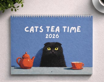 Cats with Tea Calendar,2026 Cat Wall Calendar Planner,Unique Cat Lover Gift,Cat Painting Calendar,Aesthetic Wall Calendar 2026 Funny Animals