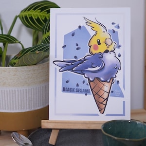 Black Sesame ice cream cockatiel A5 art print - Cute dessert bird parrot stationary gift