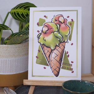Matcha Red Bean ice cream Lovebird A5 art print - Lindo postre pájaro loro regalo estacionario