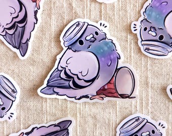 May include: A set of five stickers featuring cartoon pigeons wearing coffee cups. The pigeons are purple, blue, and white with black eyes. The coffee cups are red and white.