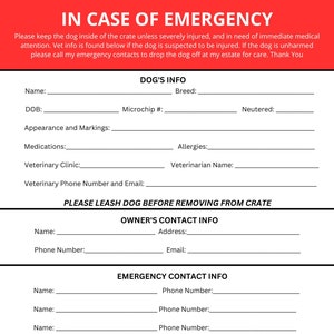 Emergency Kennel Information Sheet for Dog Travel Safety and Organization