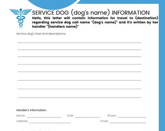 Service Dog Flight Travel Letter Template - Digital Download, Add your own info and Print or Email