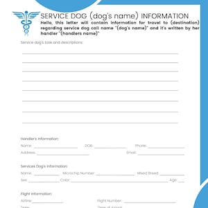 Modello di lettera di volo per cani da assistenza personalizzabile Stampa digitale E-mail