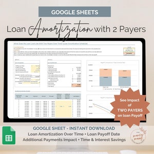 May include: A Google Sheet template for loan amortization with two payers. The sheet includes a loan amortization schedule, charts showing the impact of additional payments, and a section on how to calculate loan payoff date. The sheet is available for instant download.