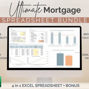 Puede incluir: Una pantalla de computadora que muestra un paquete de hojas de cálculo para cálculos de hipotecas. El paquete incluye cuatro hojas de cálculo: Accesibilidad de la vivienda, Amortización del préstamo, Calculadora de refinanciamiento y Pago anticipado del préstamo. El paquete de hojas de cálculo se titula "Ultimate Mortgage Spreadsheet Bundle" y está etiquetado como "4 in 1 Excel Spreadsheet + Bonus".