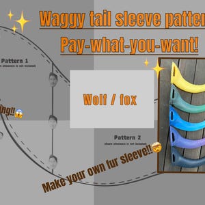 以下が含まれることがあります： Wolf / foxとラベル付けされた揺れる尻尾の袖の型紙で、点線とマーキングが特徴です。長方形のインセットには、黄色、緑、青、紫、濃い灰色の5つの湾曲した三日月形の袖が縦に並んでいます。