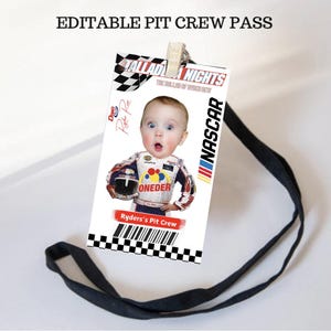 Bearbeitbarer Boxencrew-Pass | Talladega Nights 1.Geburtstag | ONEDER Party Mitbringsel Druckbare VIP Tags | Canva Vorlage