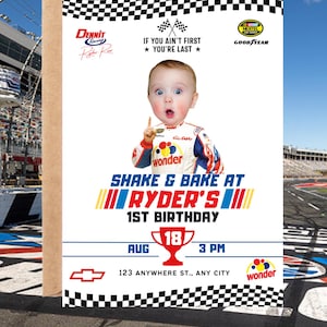 May include: A birthday invitation with a racing theme, featuring a baby in a racing suit. The invitation includes the text "Shake & Bake at Ryder's 1st Birthday" with the date, time, and location. The design incorporates racing flags and logos.
