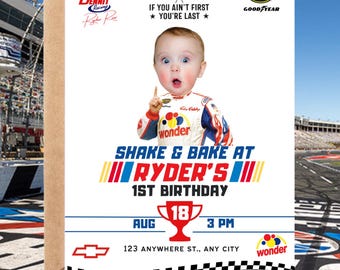 May include: A racing-themed birthday invitation featuring a baby in a racing suit. The invitation includes the text "Shake & Bake at Ryder's 1st Birthday" with the date, time, and location. The design incorporates racing flags and logos.