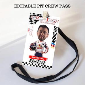 May include: A white pit crew pass with the text "EDITABLE PIT CREW PASS" at the top. The pass features a cartoon image of a man in a racing suit, the text "TALLADEGA NIGHTS" and "NASCAR". A black lanyard is attached.