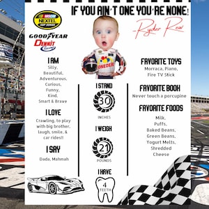 May include: A personalised racing-themed poster featuring a baby in a racing suit. The poster includes the text "If you ain't one you're none! Ryder Rew" and details about the baby's height (76 cm) and weight (9.5 kg).