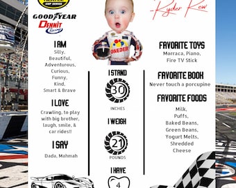 May include: A personalized racing-themed poster featuring a baby in a racing suit. The poster includes the text "If you ain't one you're none! Ryder Rew" and details about the baby's height (30 inches) and weight (21 pounds).