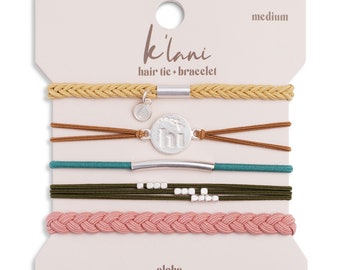 The Best Hair-tie Bracelets! This ALOHA set includes 5 bracelets in tropical colors. Pull your hair up in style with a hair-tie bracelet.