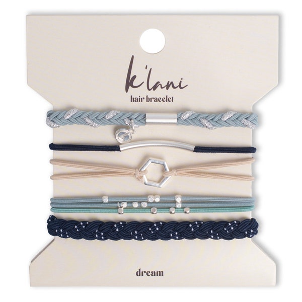 The Best Hair-tie Bracelets! This DREAM set includes 5 bracelets in rich and calming blue colors. Pull your hair up in style with bracelets.