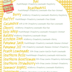 May include: A yellow and white checkered background with a list of protein and collagen tea flavors. The flavors include Bae, Beachwaves, Berry, Buffet, Casanova, Cheers, Dole Whip, Galaxy, Kitchen Sink, Panama Jack, Panama Jill, Peach Lemonade, Southern Belle, Southern Gentleman, Southern Strawberry, Summer Nights, Superman, and Womanizer.