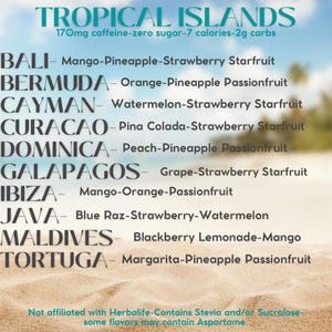 May include: A graphic with the text "TROPICAL ISLANDS" in a white font on a blue background. The text "170mg caffeine-zero sugar-7 calories-2g carbs" is below the title. A list of tropical islands with their corresponding fruit flavors is shown below the text. The background is a blurry image of a beach.