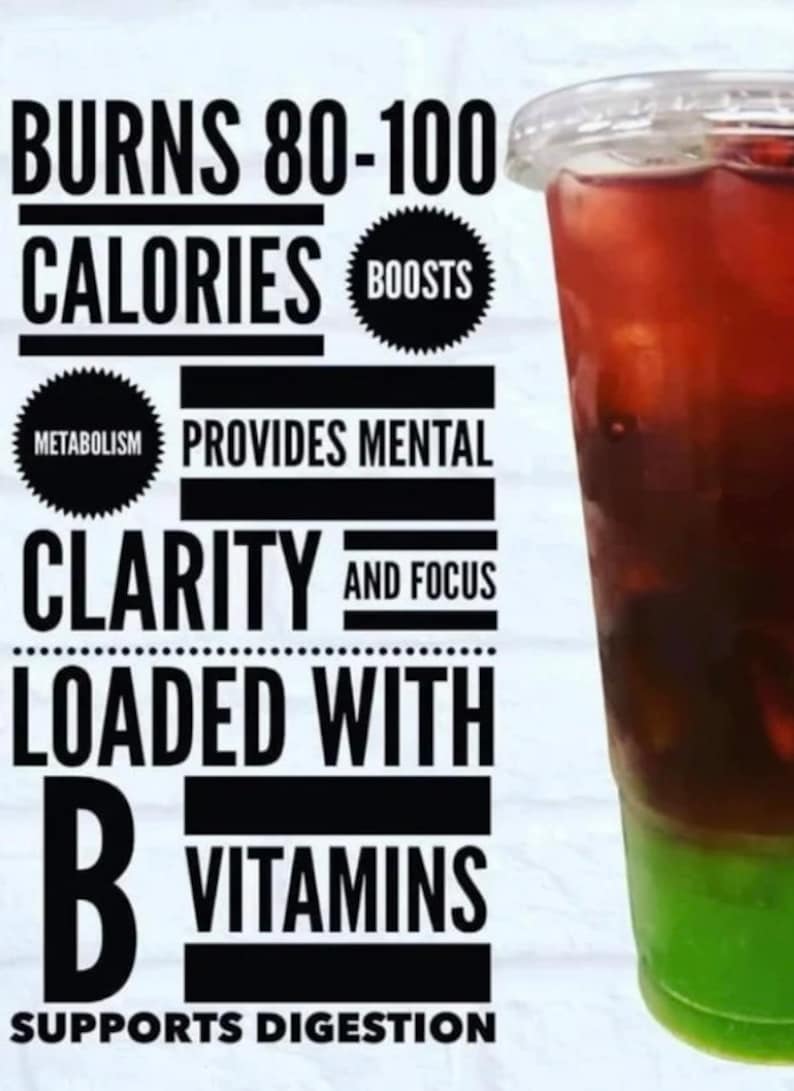 May include: A black and white graphic with the text "BURNS 80-100 CALORIES BOOSTS METABOLISM PROVIDES MENTAL CLARITY AND FOCUS LOADED WITH B VITAMINS SUPPORTS DIGESTION". A clear plastic cup with a red and green layered drink is shown on the right side of the image.