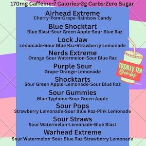 May include: A colorful menu for "Oh My Tartness" featuring a variety of sour candies and drinks. The menu lists flavors like "Airhead Extreme," "Blue Shocktart," and "Warhead Extreme." A drink with a straw is shown in the corner.