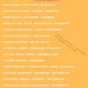 May include: A yellow background with a list of tropical-themed tea flavors. The text reads "LOADED TEAS" in a large font at the top of the image. The text "TROPICAL" is in a smaller font and is highlighted in a light orange box. The list of tea flavors includes "BAD & BOUJEE - FRUIT PUNCH - BLUE BLAST", "BEACH RAYS - BANANA - ORANGE - PINEAPPLE", "BERRY MEDLEY - BLACKBERRY - RASPBERRY", "BIKINI BOTTOM - PEACH - WATERMELON - STRAWBERRY", "CASANOVA - BLUE BLAST - PEACH - STRAWBERRY", "FIJI FALLS - BLUE BLAST - PINA COLADA", "JOLENE - LEMONADE - MELON - PEACH", "LIP SMACK - CHERRY - LEMON LIME - PINEAPPLE", "OUTLAW - PEACH - MANGO - RAINBOW CANDY", "PAC-MAN - BANANA - STRAWBERRY", "PURPLE SWEETART - TROPICAL FRUIT - GRAPE - LEMONADE", "SUN BURN - RASPBERRY - STRAWBERRY - WATERMELON", "TIKI PUNCH - ORANGE - PINEAPPLE - WATERMELON", "TRASH TRAIL - PEACH - PASSION FRUIT - WATERMELON", "ZULU COCONUT - BLUE RASPBERRY - COCONUT". The text at the bottom of the image reads "*NOT AFFILIATED WITH HERBALIFE" and "*TEAS CONTAIN SUCRALOSE AND/OR STEVIA".