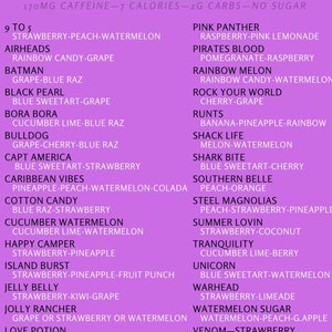 May include: A purple and white graphic with the text "LOADED TEA BERRY" at the top. The graphic lists 30 different tea flavors with their ingredients. The text at the bottom says "*NOT AFFILIATED WITH HERBALIFE **TEAS CONTAIN SUCRALOSE AND/OR STEVIA"