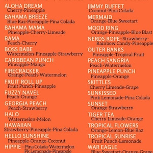 May include: A list of orange-flavored tea drinks with names and descriptions. The list includes drinks like Aloha Dream, Bahama Breeze, and Jimmy Buffet. The text at the top of the list reads "LOADED TEAS ORANGE 170MG CAFFEINE - 7 CALORIES - 2G CARBS - NO SUGAR".