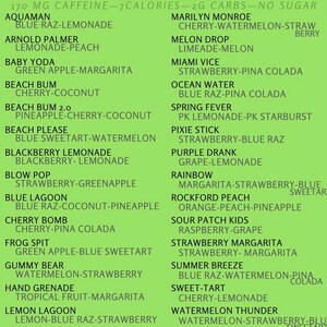 May include: A green and white menu listing a variety of lime-flavored teas. Each tea is named with a unique and descriptive name, such as "Aquaman" and "Beach Please". The menu also includes the caffeine content, calories, carbs, and sugar content of each tea.