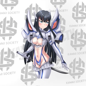 May include: A white and blue anime character with long black hair and a sword. The character is wearing a white and blue suit with a blue and white skirt. The character is standing on a white background.