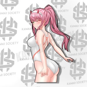 May include: A digital illustration of a woman with pink hair wearing a white swimsuit with red accents. She has a red headband and horns. The background is a gray pattern.